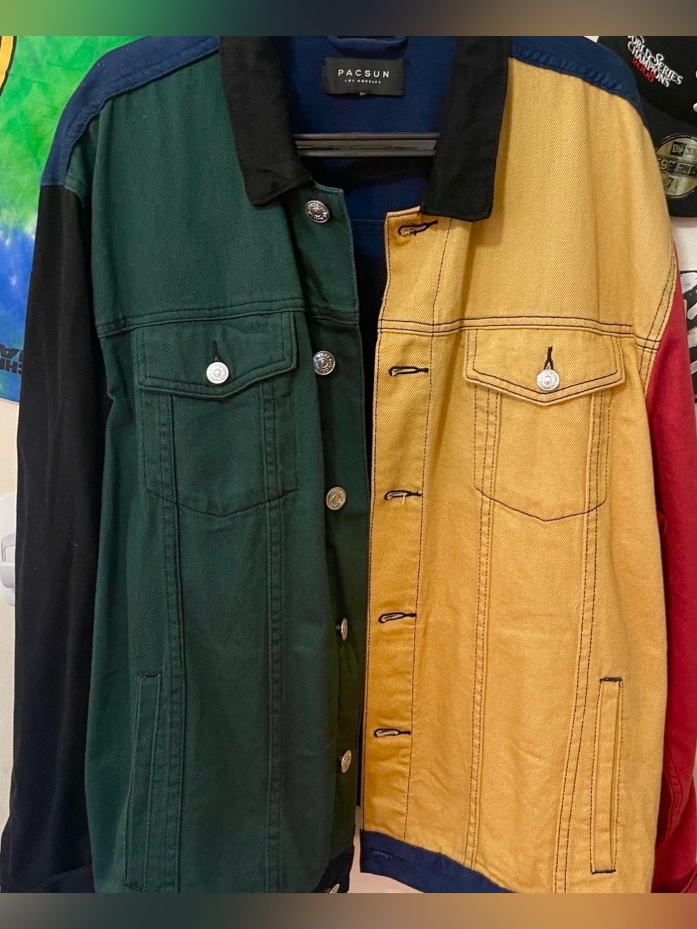 PacSun Color Block Two-Tone Denim Jacket in Green and Yellow XL